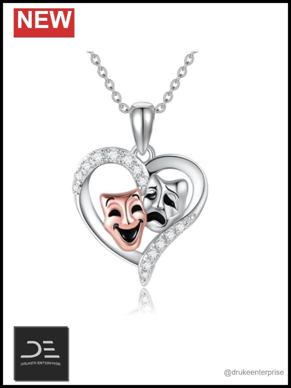 925 Sterling Silver Comedy Tragedy Masks Pendant Necklace Theater Gift